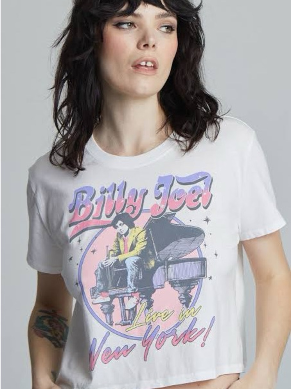 Karma Billy Joel White Tee with Pink and Purple Graphic - size M